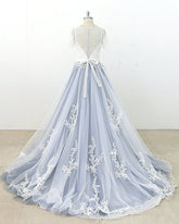AffordableBlue Gray Tulle Ivory Lace Wedding Dress Short Sleeve Beach Bridal Gowns On Sale-27dress